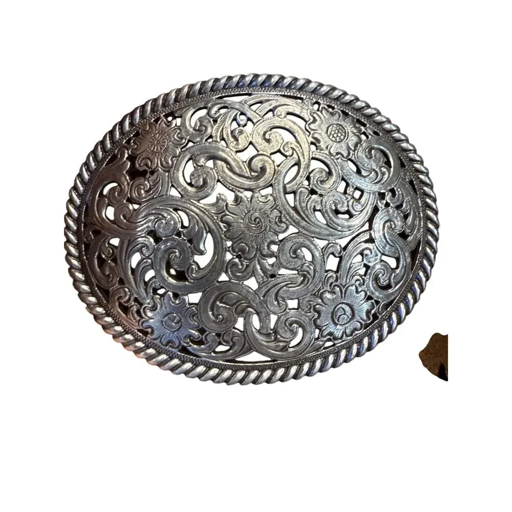 Tony Lama Size 26 Tooled Leather Belt with Filigree Silver-Tone Oval Buckle